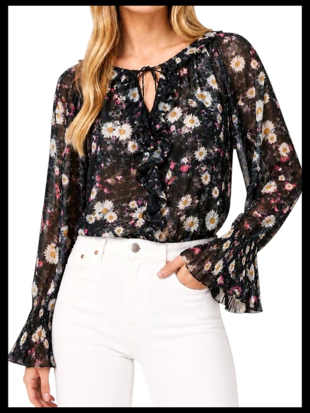 Kobi Halperin Sydney Blouse Black Pink White Multi Floral Chiffon Size L
